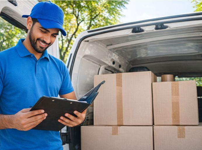 Logistics warehouse with trucks