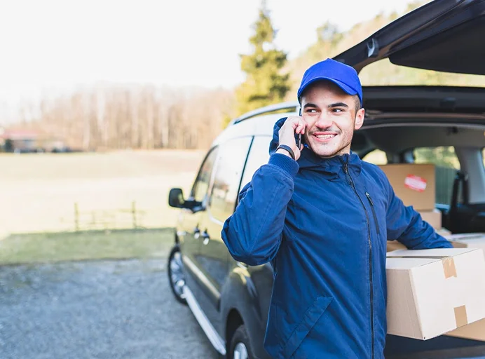Logistics warehouse with trucks